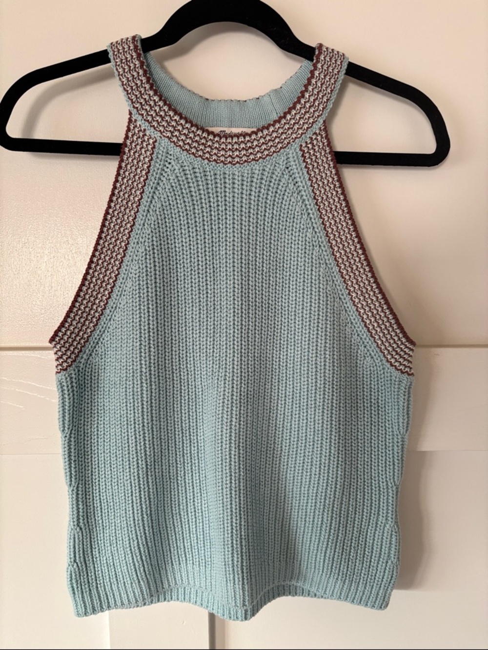 Madewell Light Blue Knit Halter Tank with Brown Trim, Medium